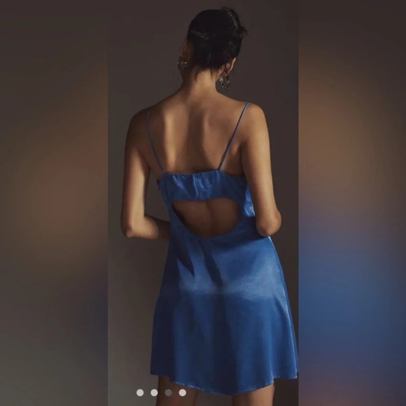 Anthropologie Royal Blue open back slip satin Mini Dress - Picture 2 of 16